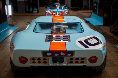 Ford GT40 Gulf livery number 10 rear view with louvred engine cover, historic Le Mans racing car photography