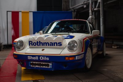 Rothmans Porsche 911 SC front view with Shell Oils and Pirelli livery, historic rally car photography