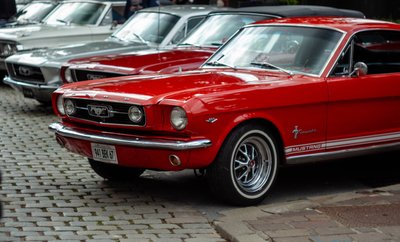 Row of classic Ford Mustang muscle cars parked at a vintage American automotive gathering