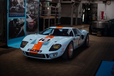 Ford GT40 Gulf Oil livery number 10 front three-quarter view, historic endurance racing car, indoor exhibition
